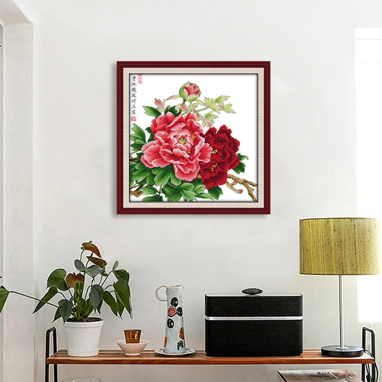 Kit broderie fleur pivoine rouge rose vert fil coton aiguille toile imprimée broderie traditionnelle