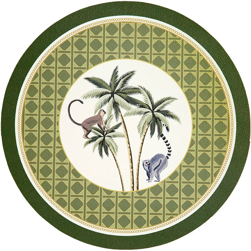 placemat rond vert blanc doré palmiers singes botanics assiette fourchette pain verre vin livre