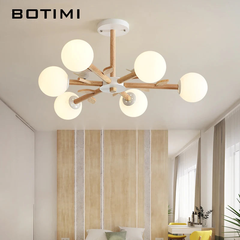 lampe suspendue moderne blanc bois boules translucides branches led chambre salle manger
