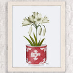 Un bouquet de fleurs blanches élégantes dans un pot décoratif rouge avec des motifs floraux.