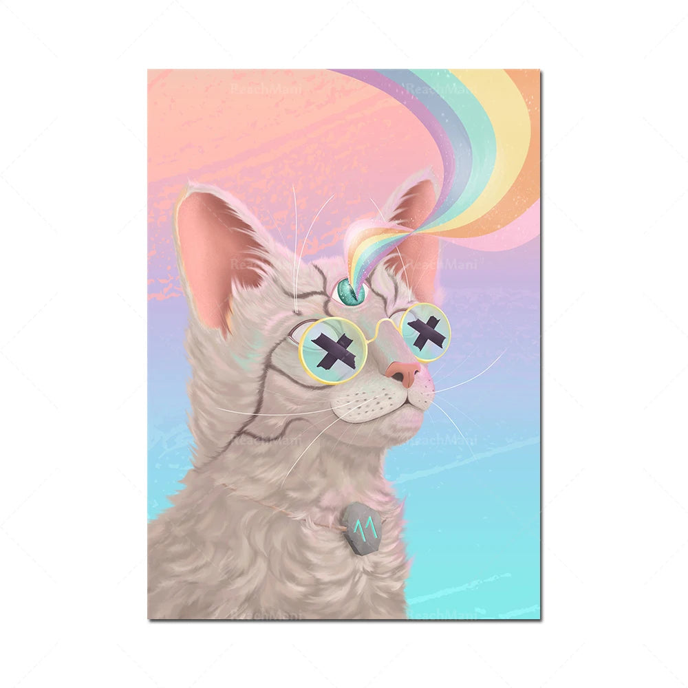 Un chat moelleux et espiègle avec des lunettes colorées dans un paysage psychédélique.