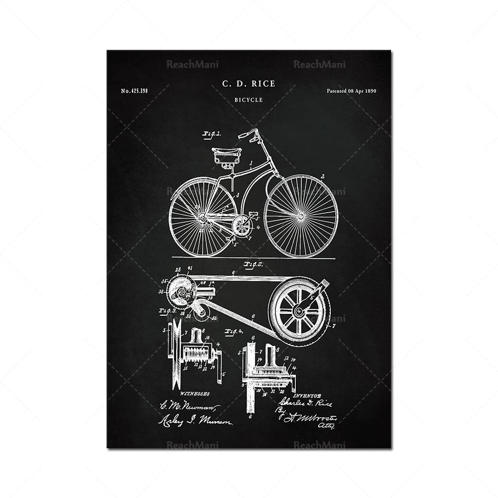 Schéma du brevet d'un vélo de C. D. Rice, montrant les éléments techniques de conception et d'invention, sur fond noir texturé.