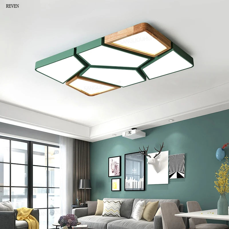 plafonnier moderne scandinave noir bois naturel hexagonal led 45cm vert