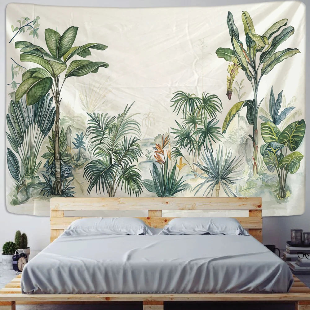 Vue d'ensemble de la tapisserie murale plantes tropicales sur un mur