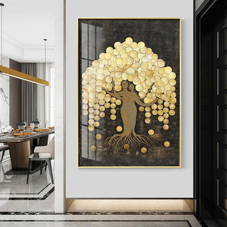 tableau decoratif or arbre feuilles dorées figure humaine moderne chambre salon