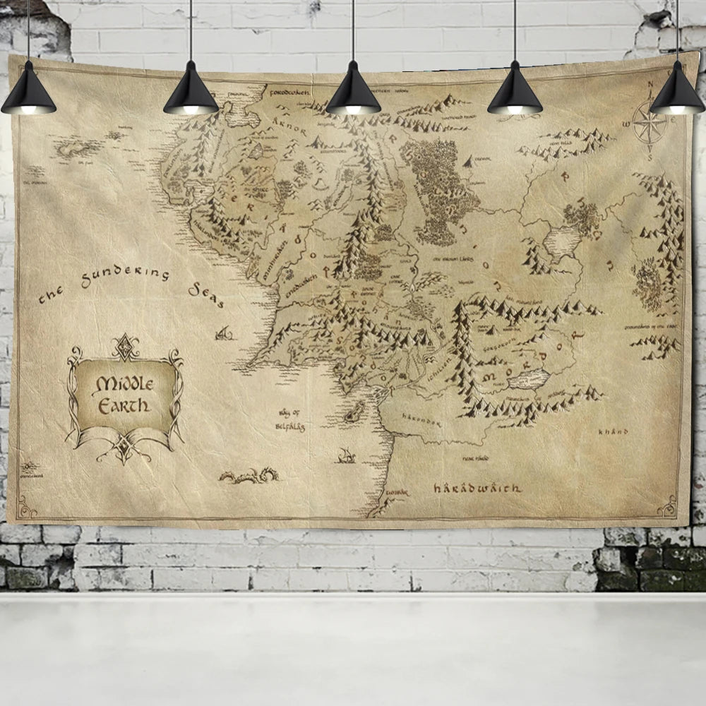 tapisserie vintage carte middle earth détails géographiques ornement clips beige brunclair