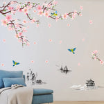 autocollant mural fleurs cerisier oiseaux paysage traditionnel chinois résistant eau dimension 240cm 150cm peinture