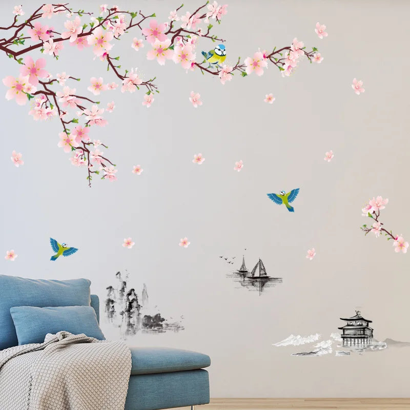 autocollant mural fleurs cerisier oiseaux paysage traditionnel chinois résistant eau dimension 240cm 150cm peinture