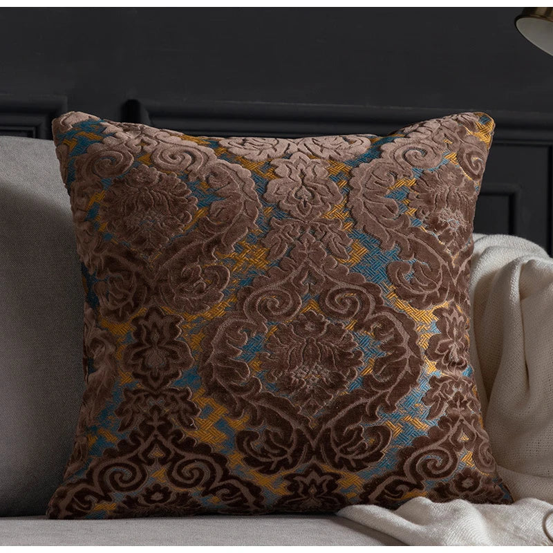 taies d'oreiller velours fleur motif floral damas relief élégantes classiques beige vert bleu marron