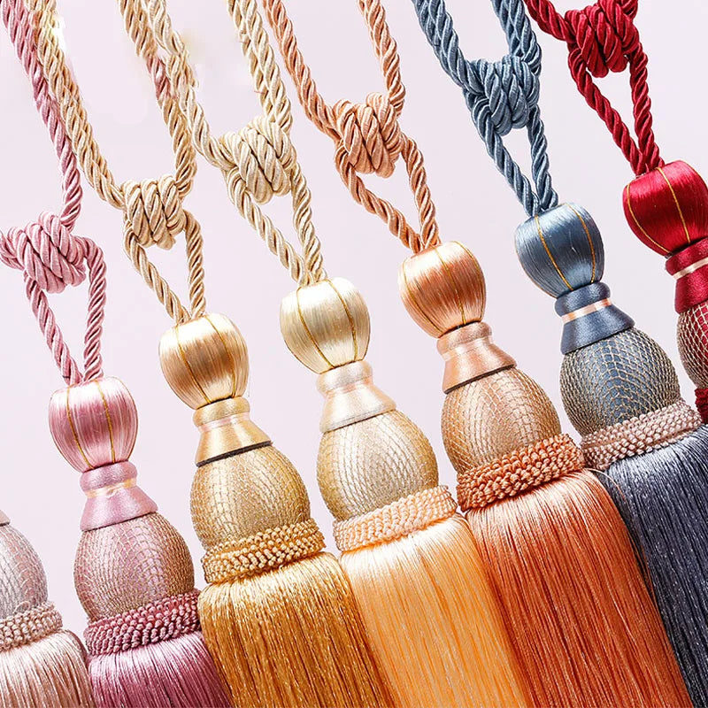 pompons rideau élégants rose doré gris rouge marron tissu uni noeuds décoratifs fixés