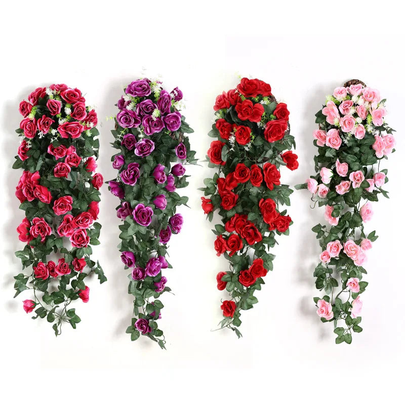 décoration murale guirlande florale roses artificielles feuilles vertes suspension intérieure mariage