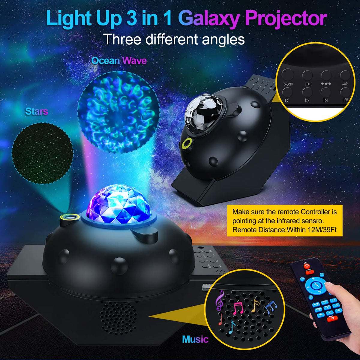 Projection galaxie bleue pour ambiance nocturne relaxante