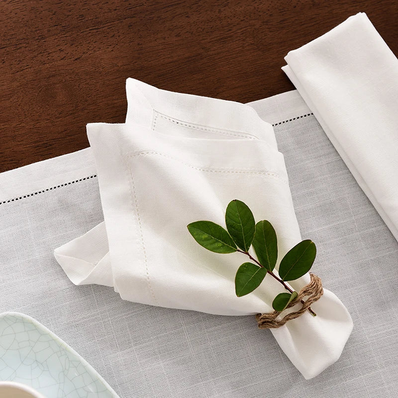 serviettes table coton lin beige blanc bordure brodée classique rustique set tailles