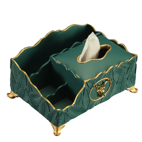 boîte rangement vert foncé feuilles dorées multifonctionnelle classique mouchoirs bijoux