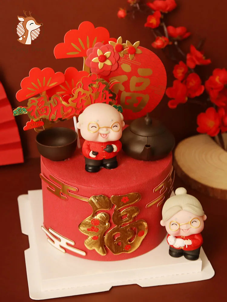 décoration gâteau anniversaire mariage retraite thème festif personnages chinois théière fleurs rouges motifs traditionnels