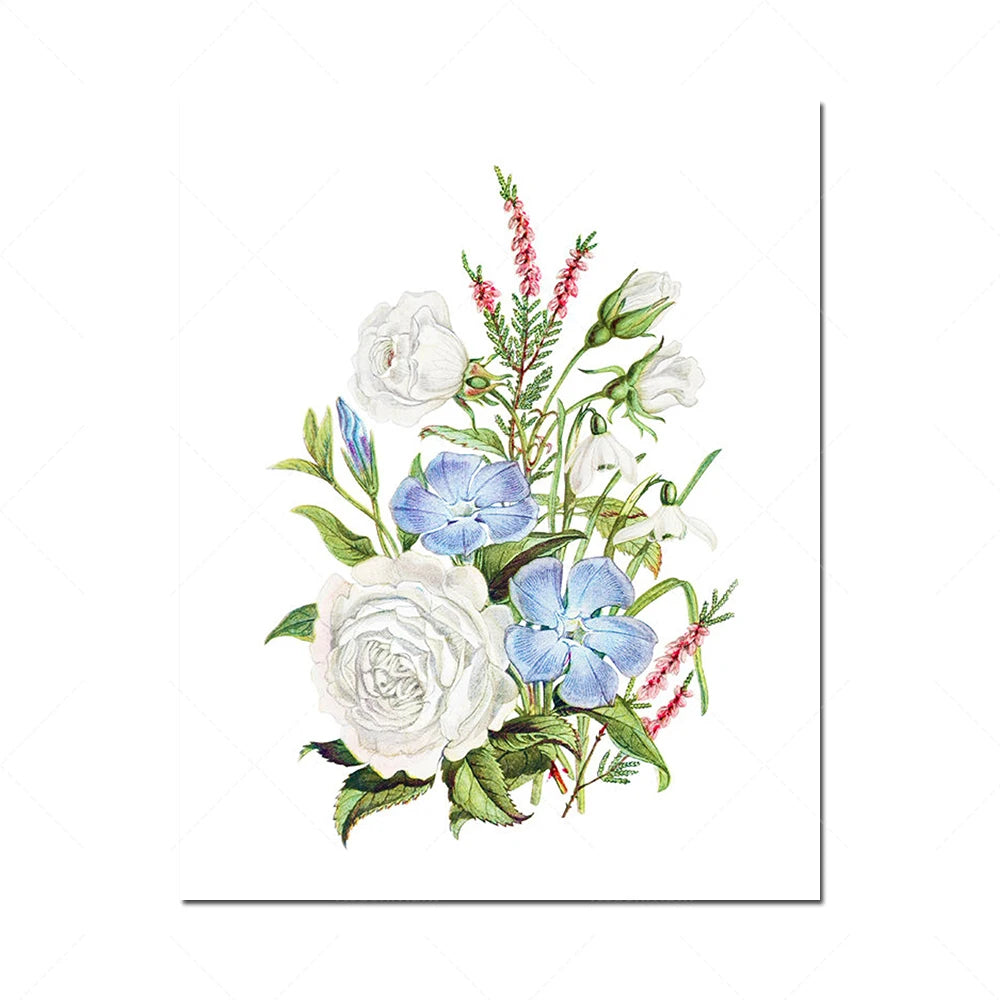 Un bouquet luxuriant de fleurs délicates comprenant des roses blanches élégantes et des fleurs bleues aux pétales délicats, accompagnées d'un feuillage vert vigoureux.