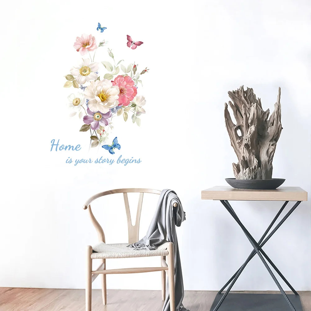 sticker mural fleurs multicolores papillons adhésif décoration maison salon chambre creative