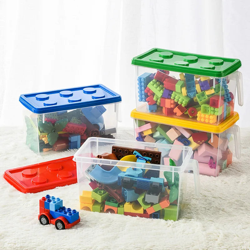 boîtes rangement jouets empilables transparentes couleurs vives poignées respectueux environnement utilisation multiple moderne