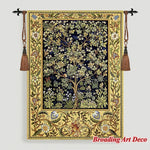 tapisserie murale coton art nouveau floral arbres feuillage oiseau bleu foncé vert beige