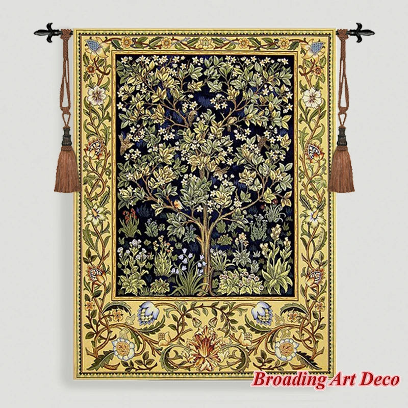 tapisserie murale coton art nouveau floral arbres feuillage oiseau bleu foncé vert beige