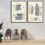 Cette image présente des illustrations anatomiques détaillées des dents et de la mâchoire, dans un style vintage monochrome, encadrées et suspendues sur un mur blanc dans un intérieur moderne avec deux fauteuils et une table d'appoint.
