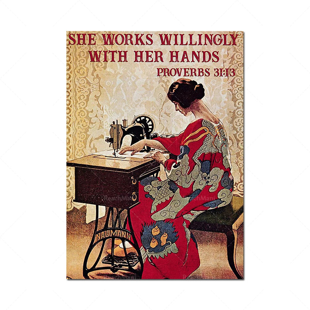 Une femme assise à une machine à coudre, travaillant avec diligence, illustre le verset biblique qui souligne l'importance du travail des mains.