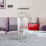 vase verre transparent moderne rayures horizontales couleurs vert gris rose rouge dorés fleurs artificielles