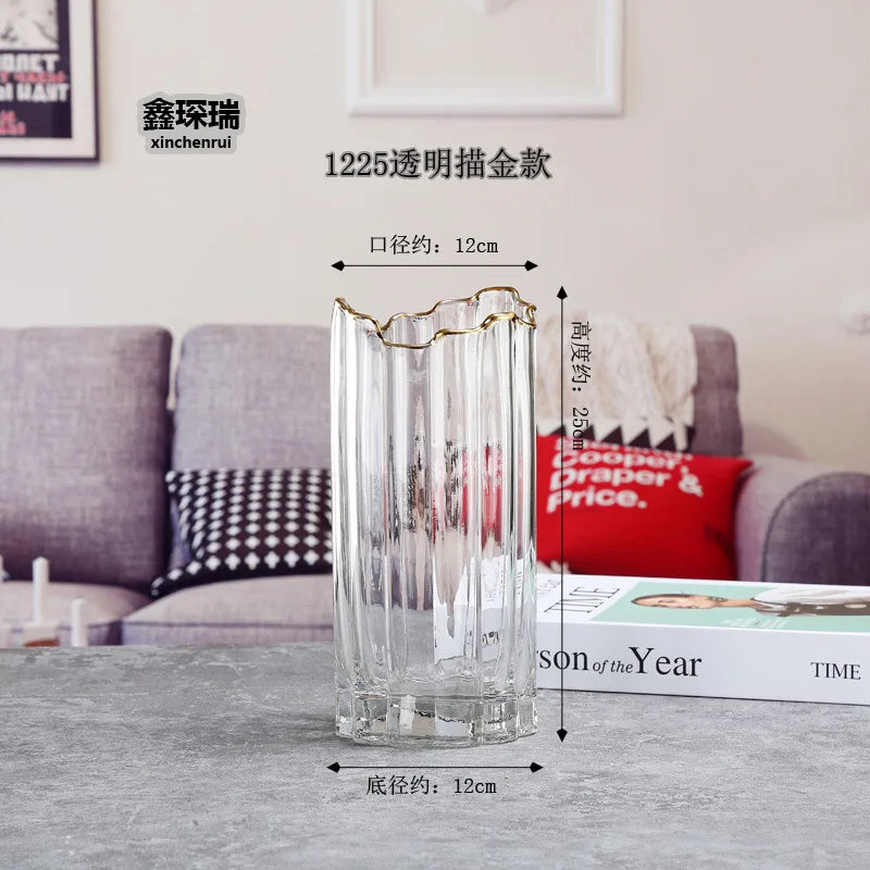 vase verre transparent moderne rayures horizontales couleurs vert gris rose rouge dorés fleurs artificielles