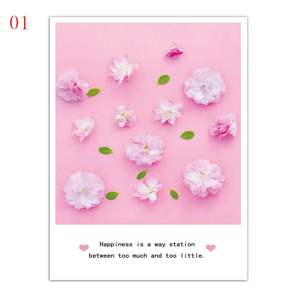 Une variété de fleurs roses disposées sur un fond rose pâle, avec une citation sur le bonheur comme un point d'équilibre entre l'excès et le manque.