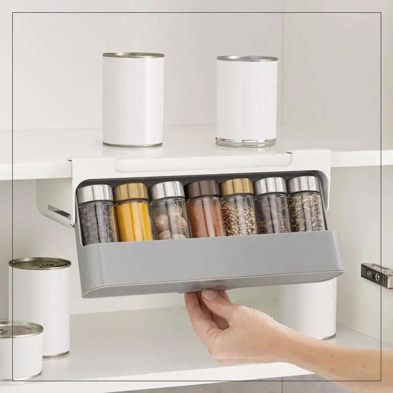 rangement sous meuble adhésif gris clair moderne compartiments amovibles étiquettes épices stockage cuisine support