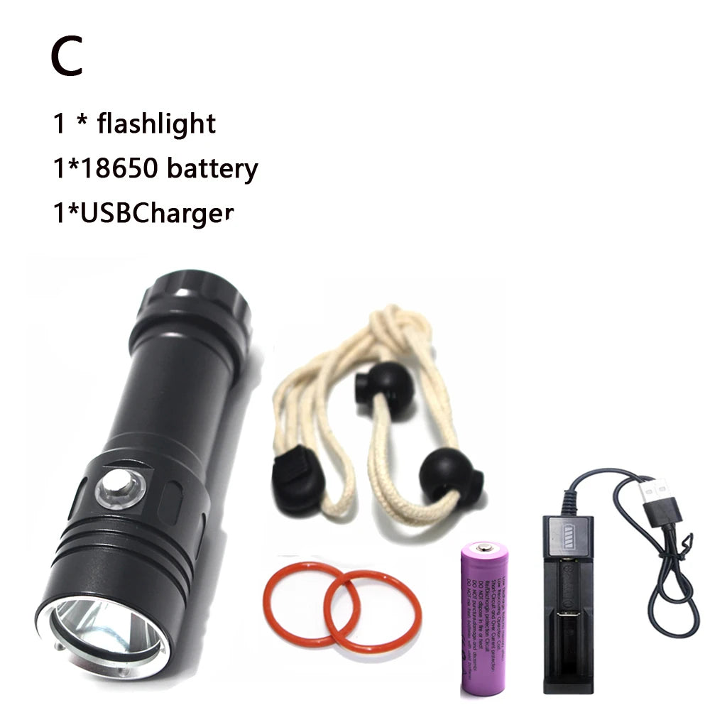 torche led rechargeable plongee camping 10w 6000lm 80m etanche noire