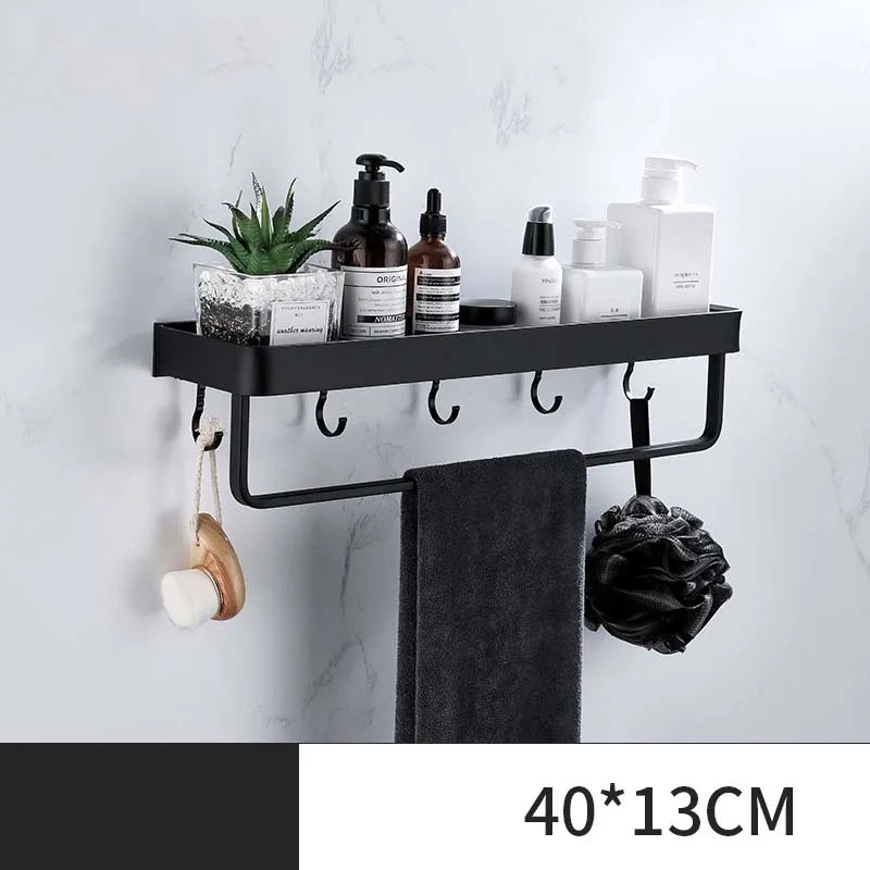 étagère salle bain double niveau murale alliage aluminium noir lisse moderne serviettes pots crèmes