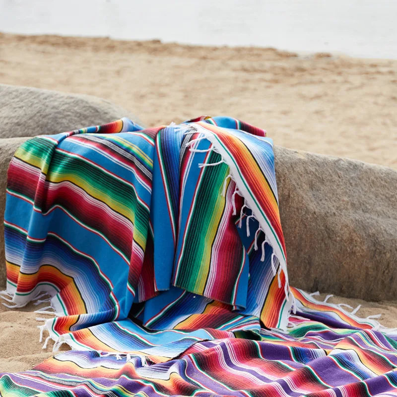 serviette plage multicolore rayures horizontales boho chic grande couverture pique nique voyage maison