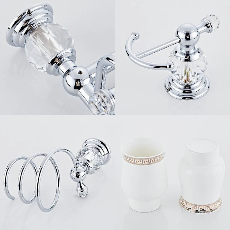 accessoires salle bain chrome cristaux motifs dorés porte savon dentifrice serviettes goblets sèche cheveux
