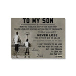 Une image intitulée "To my son" représentant un père et son fils jouant au basket, avec un message encourageant le fils à croire en lui-même et à toujours viser haut.