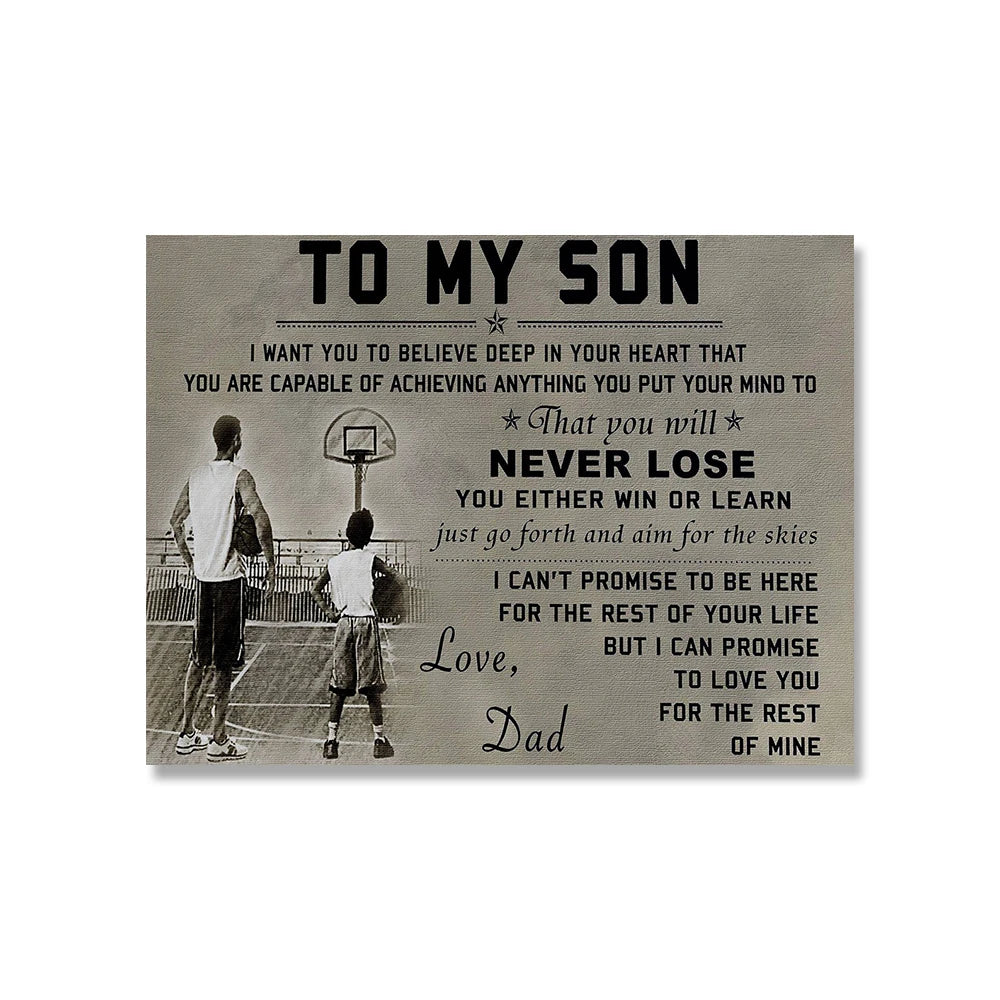 Une image intitulée "To my son" représentant un père et son fils jouant au basket, avec un message encourageant le fils à croire en lui-même et à toujours viser haut.