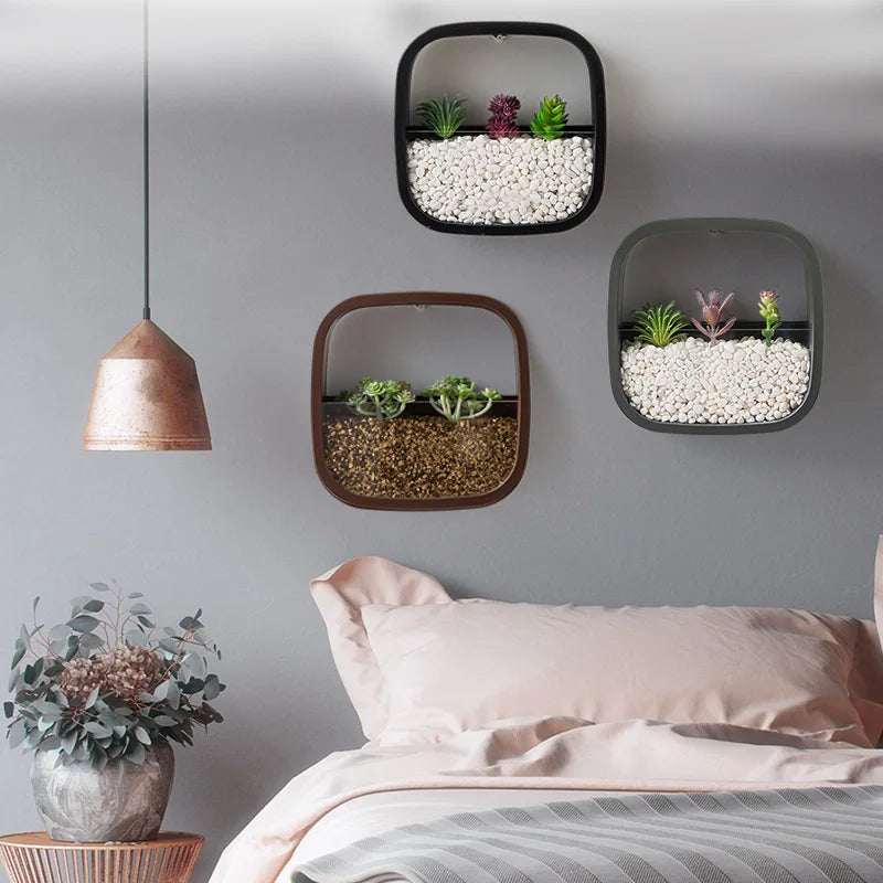 décoration murale végétale carré moderne plantes artificielles succulentes herbes terreau gravier opaque minimaliste fixée