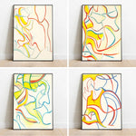 Œuvres artistiques abstraites composées de formes fluides et dynamiques dans des tons chauds et vivants.