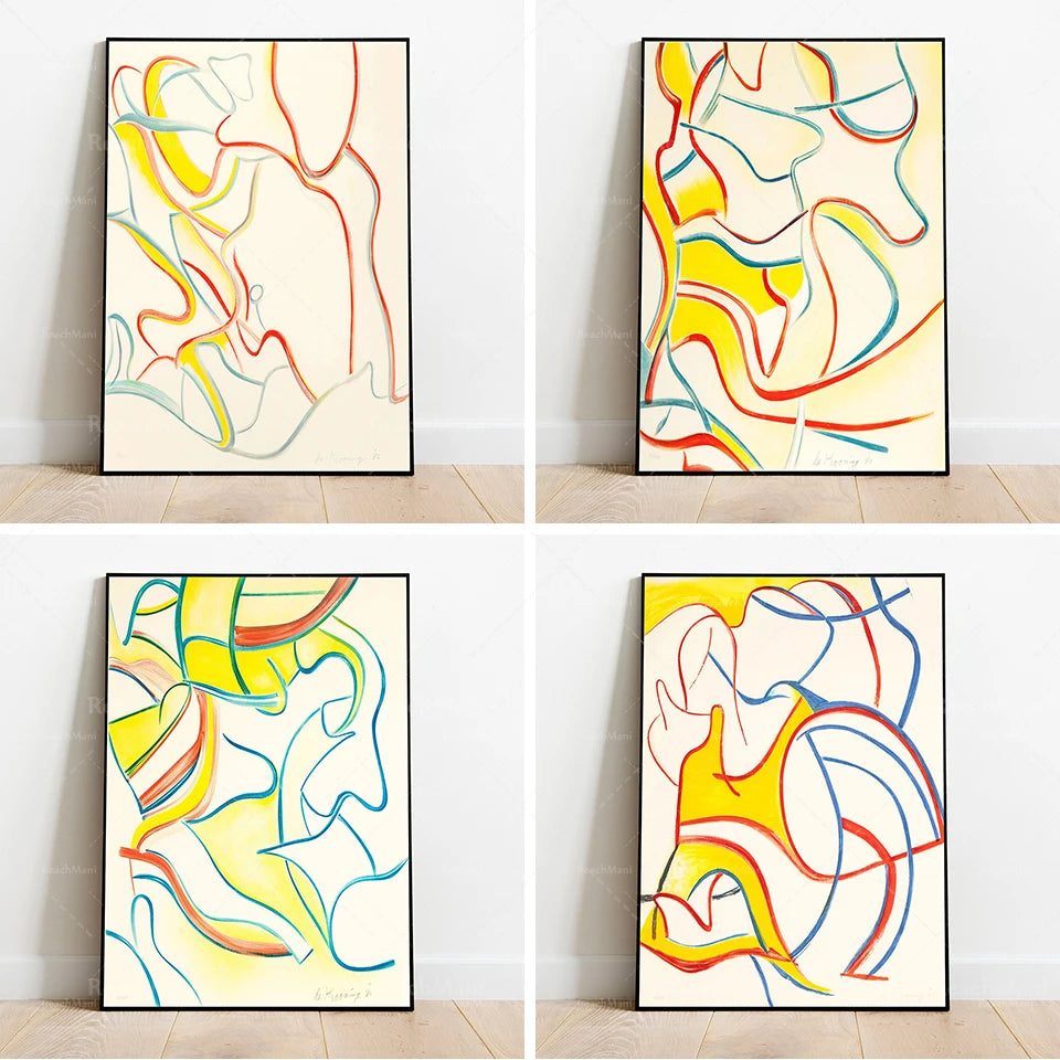 Œuvres artistiques abstraites composées de formes fluides et dynamiques dans des tons chauds et vivants.