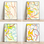 tableaux abstraits modernes couleurs vives lignes courbes toile coton jaune rouge bleu blanc
