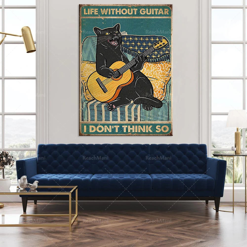 Une illustration vintage d'un chat noir jouant de la guitare avec le texte "Vie sans guitare, je ne pense pas" affichée sur un mur blanc.