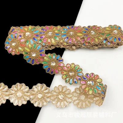 ruban décoratif fleurs strass brodé polyester rose bleu orange jaune marron opacité 6cm large