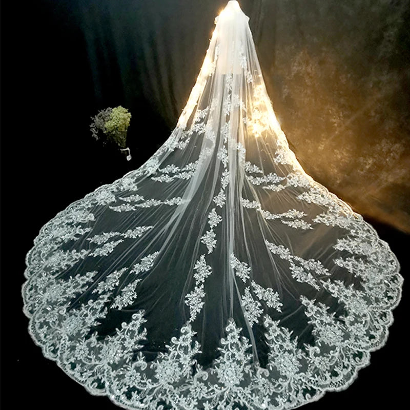 voile mariée blanc broderie florale classique bord appliqué polyester translucide