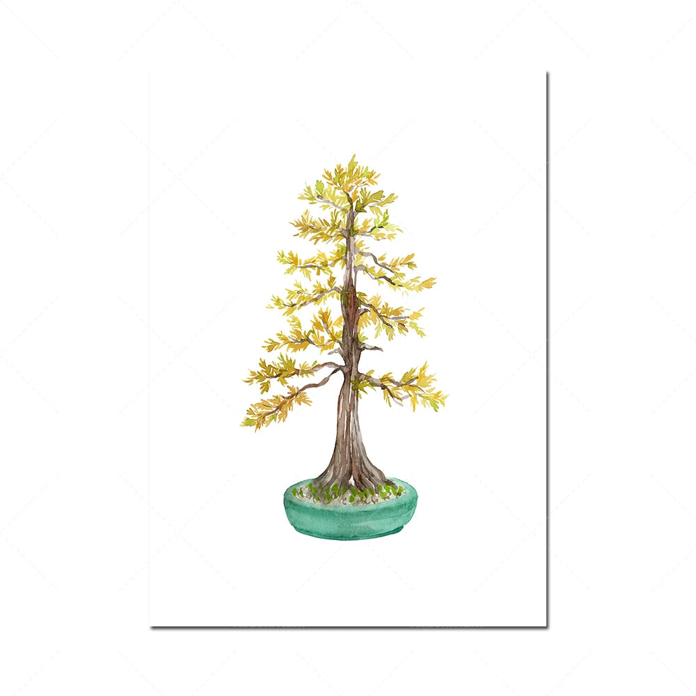 Petit arbre décoratif en pot avec un tronc noueux et des feuilles jaunes et vertes.