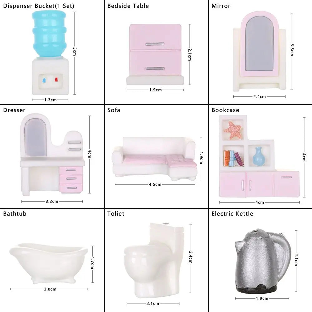 meubles miniatures poupées rose blanc modernes armoire frigo lave linge micro ondes téléviseur commode