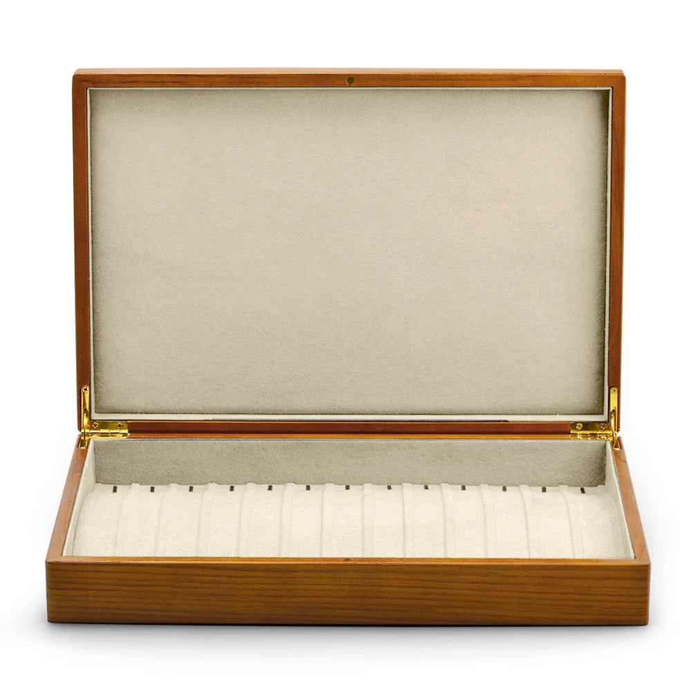 boîtes bijoux bois marron clair intérieur velours noir classique poignées dorées rangement colliers pendentifs