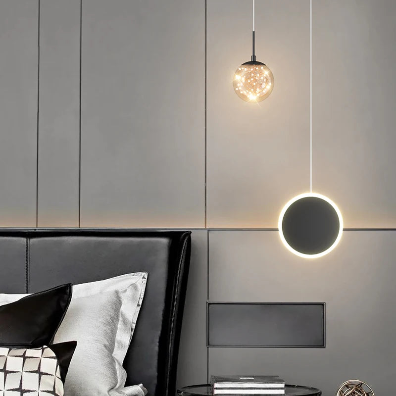 suspension lumineuse led moderne minimaliste noir blanc fixée câble haute qualité verre transparent chambre