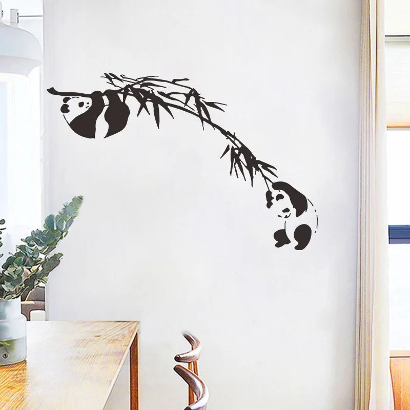 autocollant mural panda bambou minimaliste résistant eau dimension 62cm 95cm adhésive pvc noir chambre