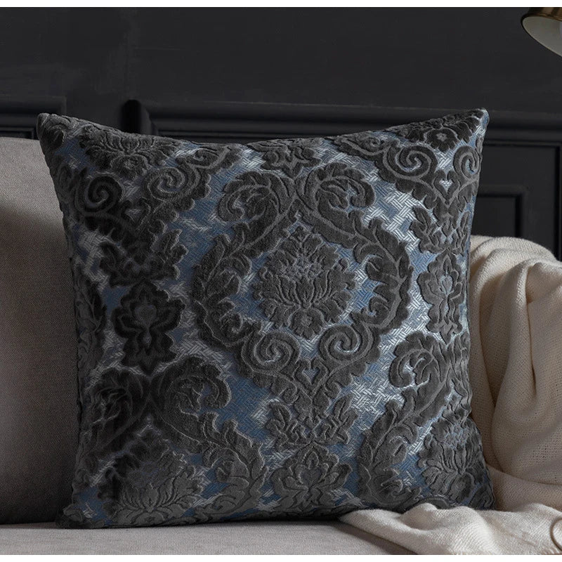 taies d'oreiller velours fleur motif floral damas relief élégantes classiques beige vert bleu marron