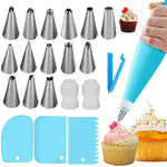 ensemble pâtisserie embouts coniques sacs pâte rose bleu grattoirs brosses nettoyage outils boulangerie